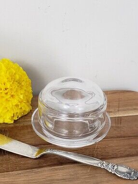Clear Glass Mini Butter Dish & Silver Plated Butter Knife